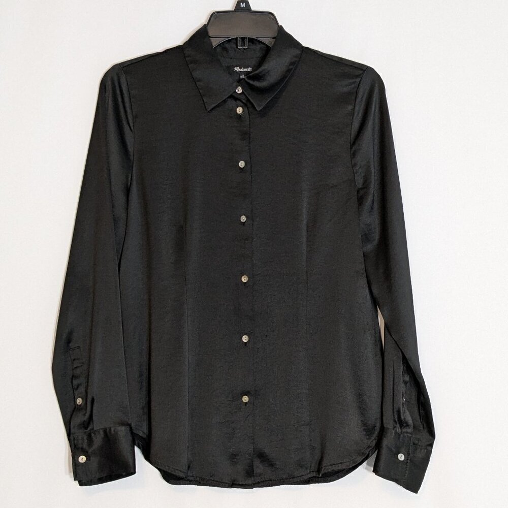 MADEWELL Black Satin Long Sleeve Button Collared Blouse; Size 4